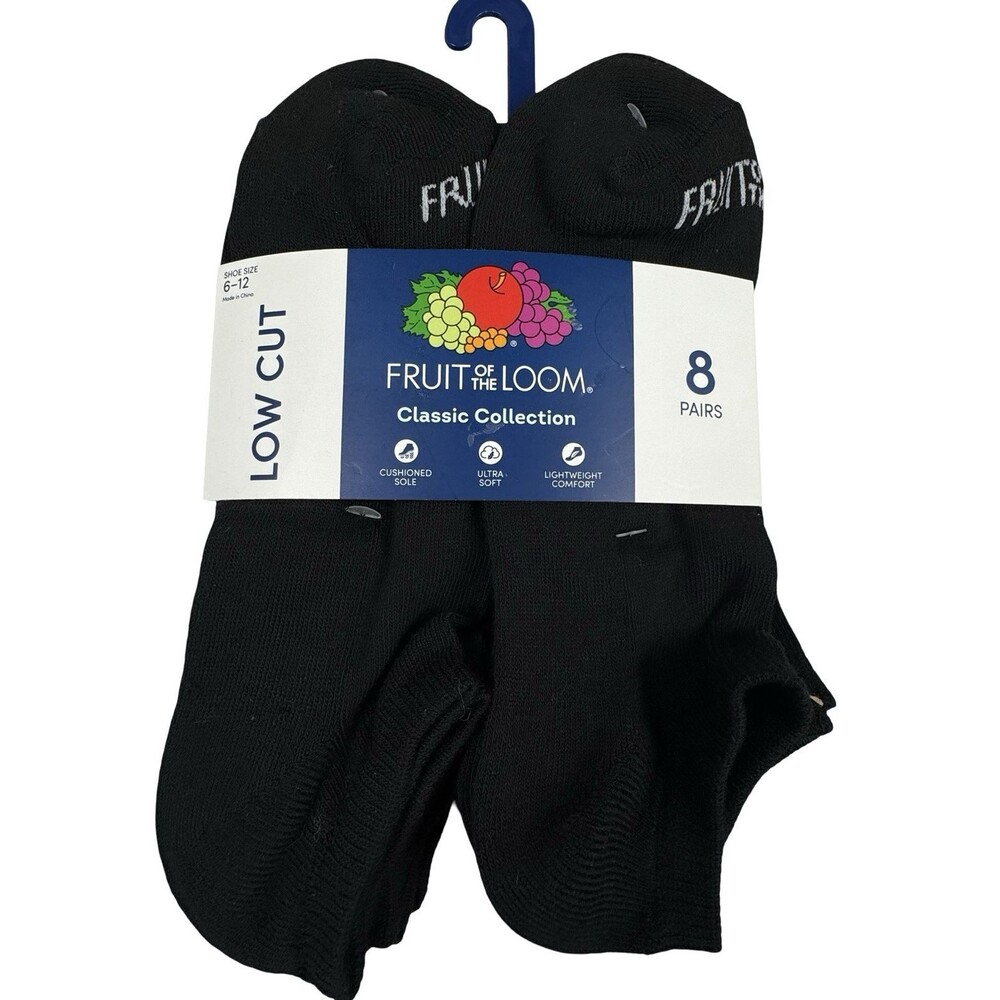 Fruit of the Loom Classic Collection Size 6-12 Socks Low Cut 8 Pairs Black New